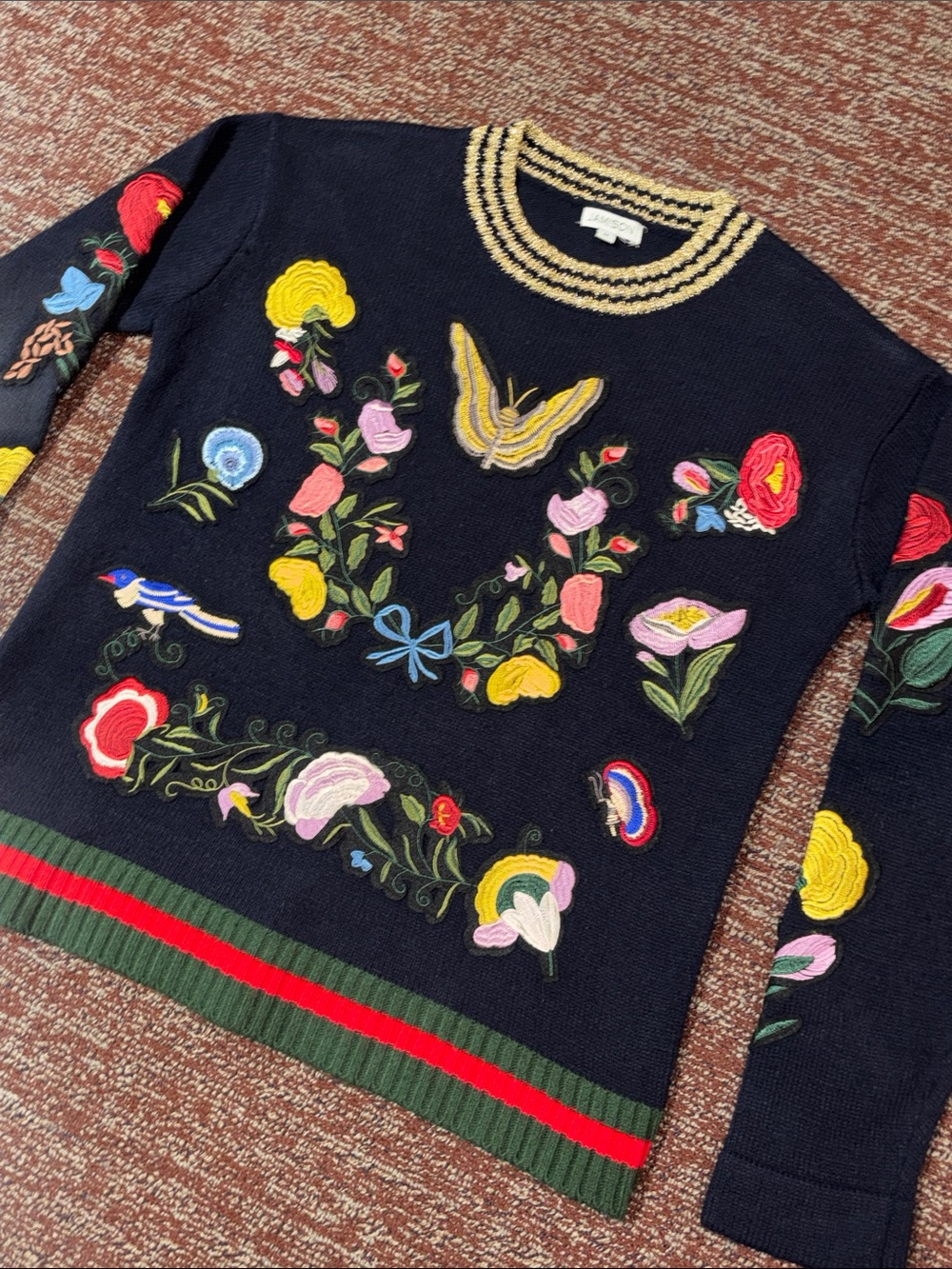 Jamison sweater navy crewneck flower embroidery patch knit sweater medium